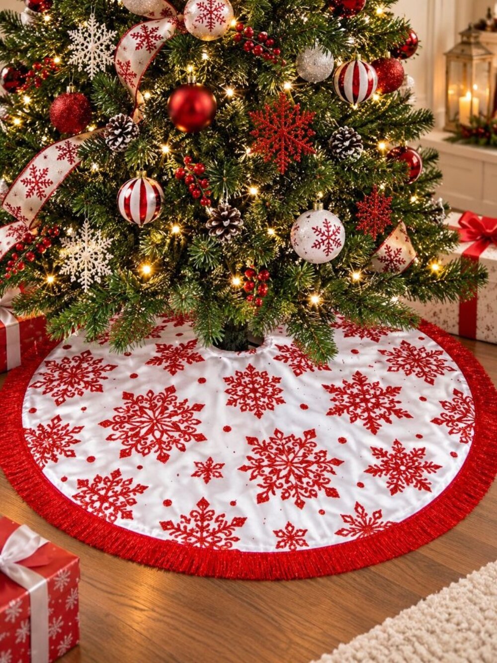 Holiday Time 48" White Satin Red Glitter Star Snowflake Christmas Tree Skirt